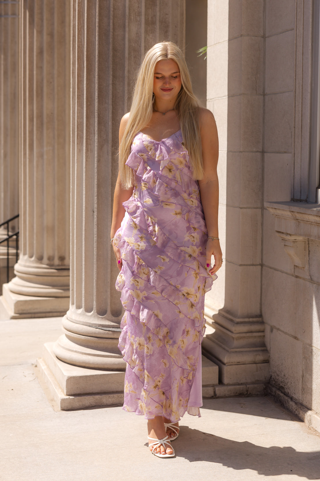 purple ruffle maxi dress Emery Floral Ruffled Wedding Guest Dresses¡ê? Fashion Review: From Simone May be worn with Collection:Crochet The Day - Natural
