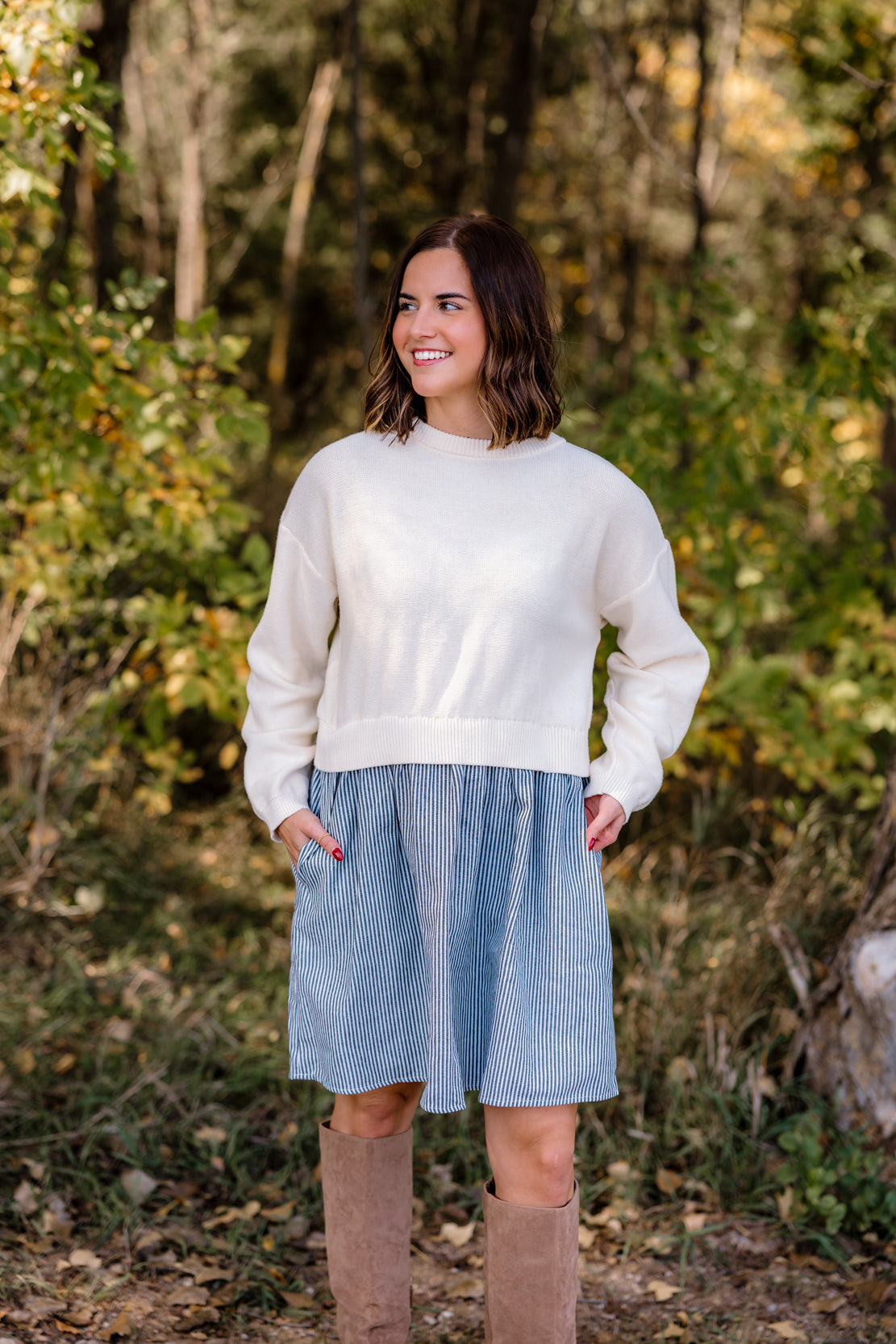 womens cream sweater dress Chic Cream Contrast Sweater Dress IVORY Black / S main image 0