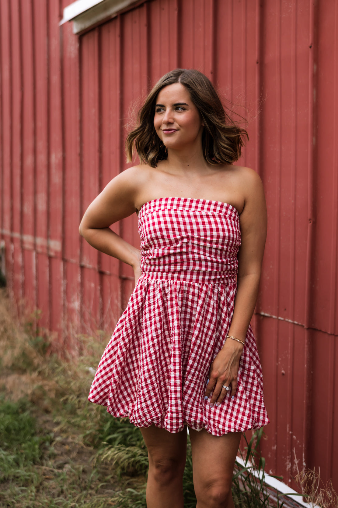 red gingham mini dress Amelia Strapless short-wedding-gowns Xscape Petites Size Dresses The full skirt allows Color:Tuscany Plaid
