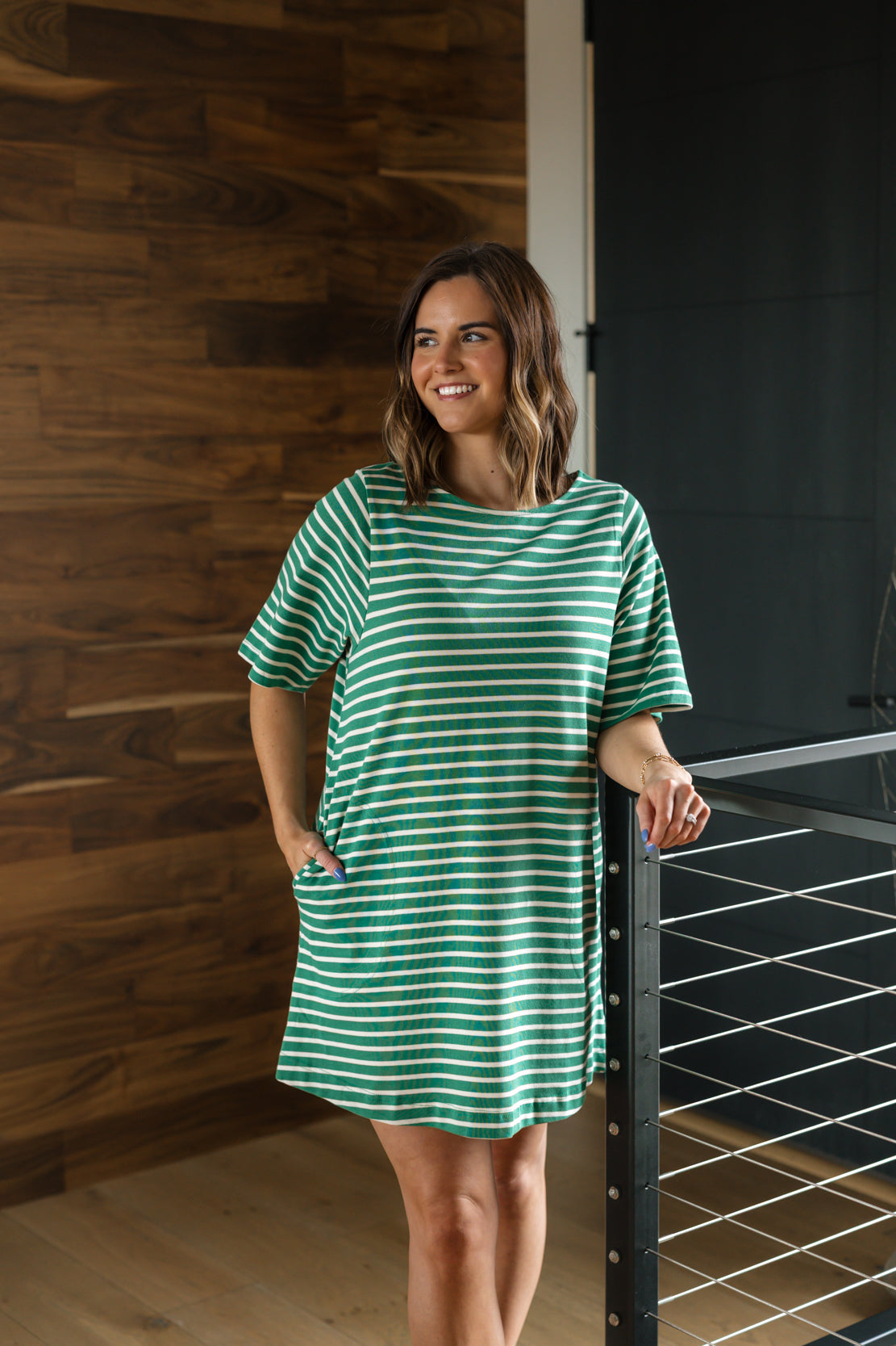 green and white mini dresses Ellie Striped Mini Dress
