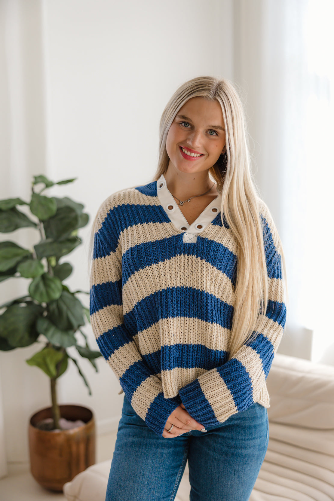 Brandi Striped Crochet Sweater | Ecru/Navy – The Vault Clothing Co.