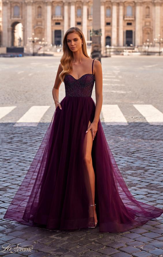 La Femme 32135 Fishnet Bodice Prom Dress | Formal Dress Shops 4 / Dark Berry La Femme 32135 Fishnet Bodice Prom Dress | Formal Dress Shops 4 / Dark Berry