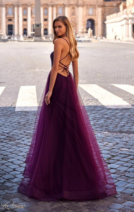 La Femme 32135 Fishnet Bodice Prom Dress | Formal Dress Shops 4 / Dark Berry La Femme 32135 Fishnet Bodice Prom Dress | Formal Dress Shops 4 / Dark Berry