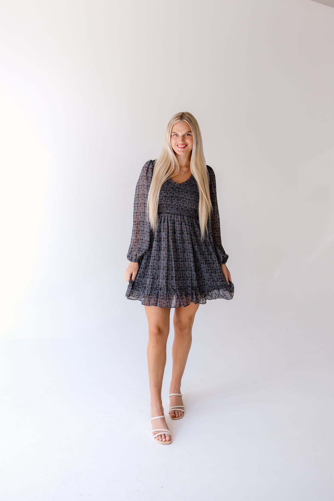 Astrid Printed Smocked Mini Dress | Black L / Black Astrid Printed Smocked Mini Dress | Black L / Black