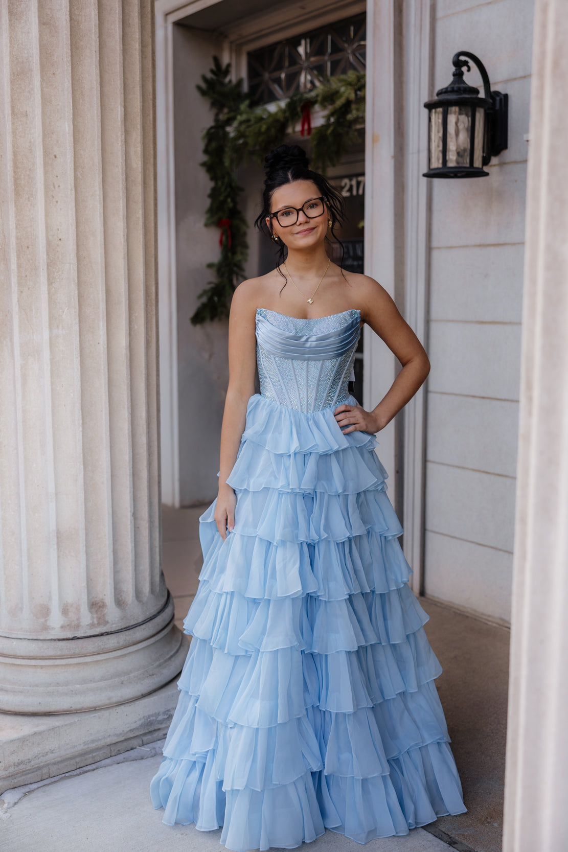 open lace back dress Sky Blue Ruffled Tulle Grey Beaded Strapless Crafted Prom Dress main image 0