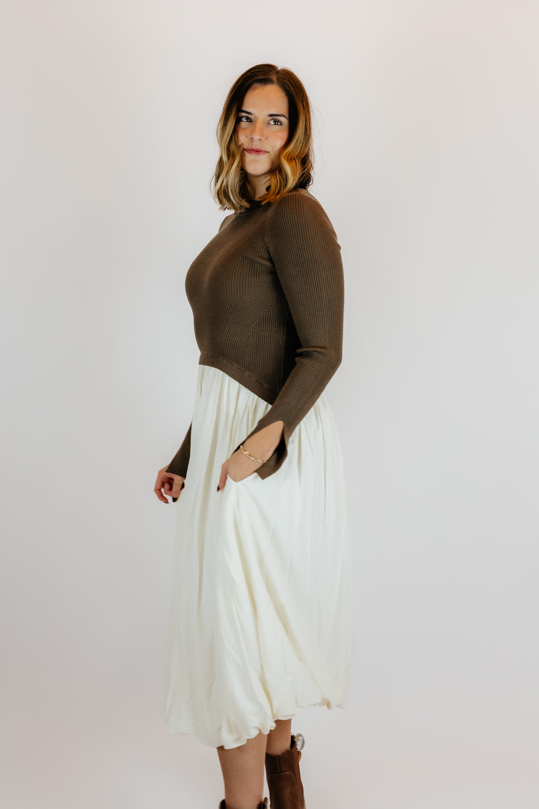 fitted lace wedding dress Maribeth Long Sleeve Ribbed Knit Mini Dress Cream