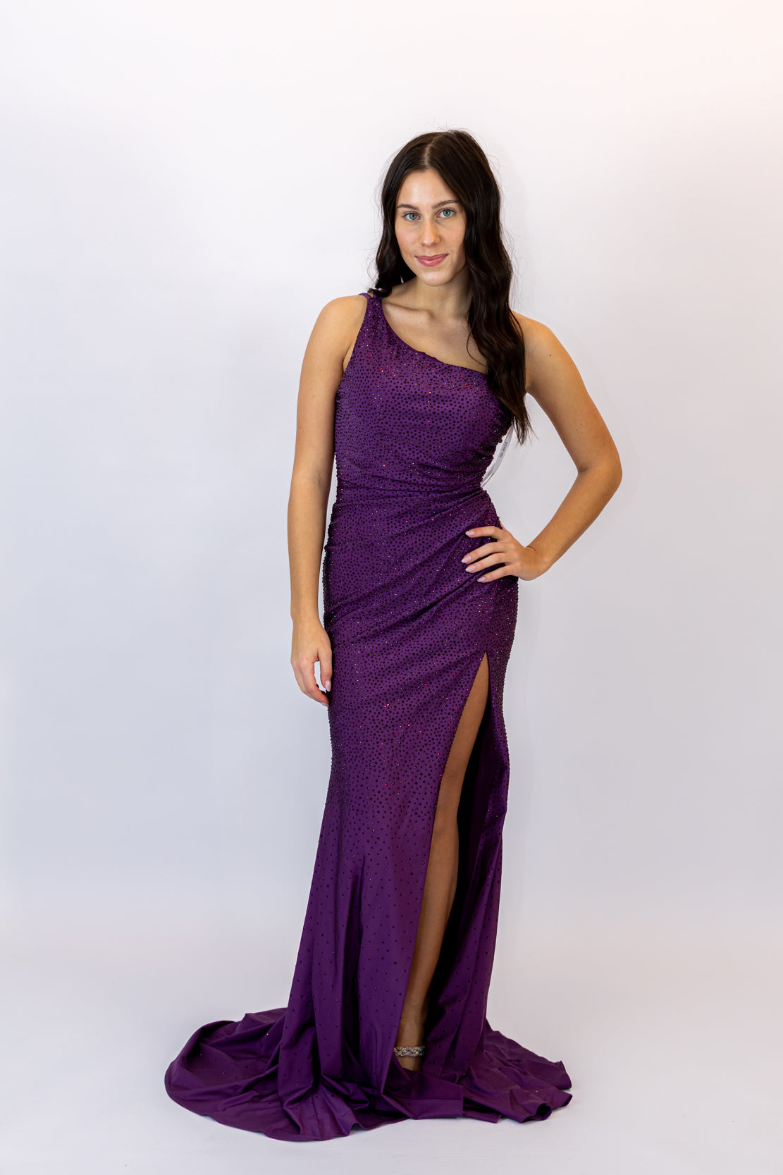 plum dress prom Black Lace Appliqued Plum Plunging Neckline Prom Dress