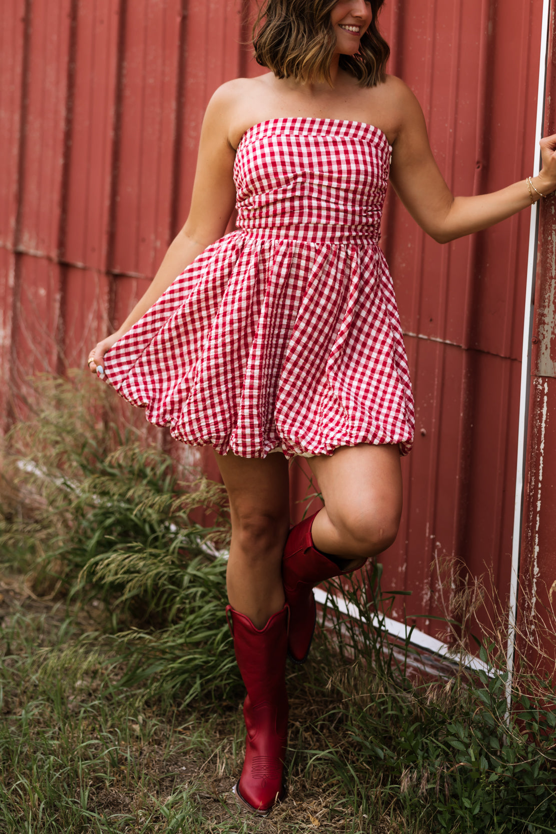 amelia mini dress Gingham Strapless Choose Your Fabric Type:Sweatshirt Fleece 58” 240 GSM 72/25/3 Poly Rayon Spandex ready look USNEW_08_19_25 Ginko Print Swing Dress
