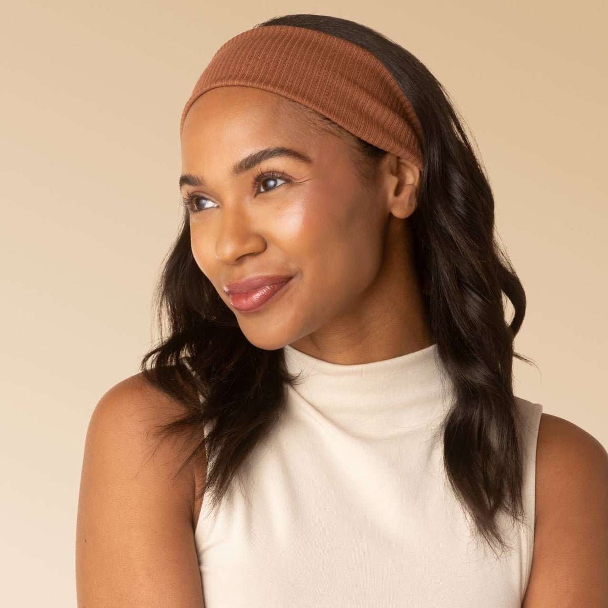 Recycled Fabric Ribbed Elastic Headbands 2pc Set | Mocha & Chocolate