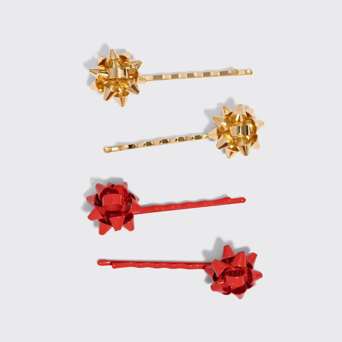 Metal Gift Bow Bobby Pins 4pc Set | Red & Gold