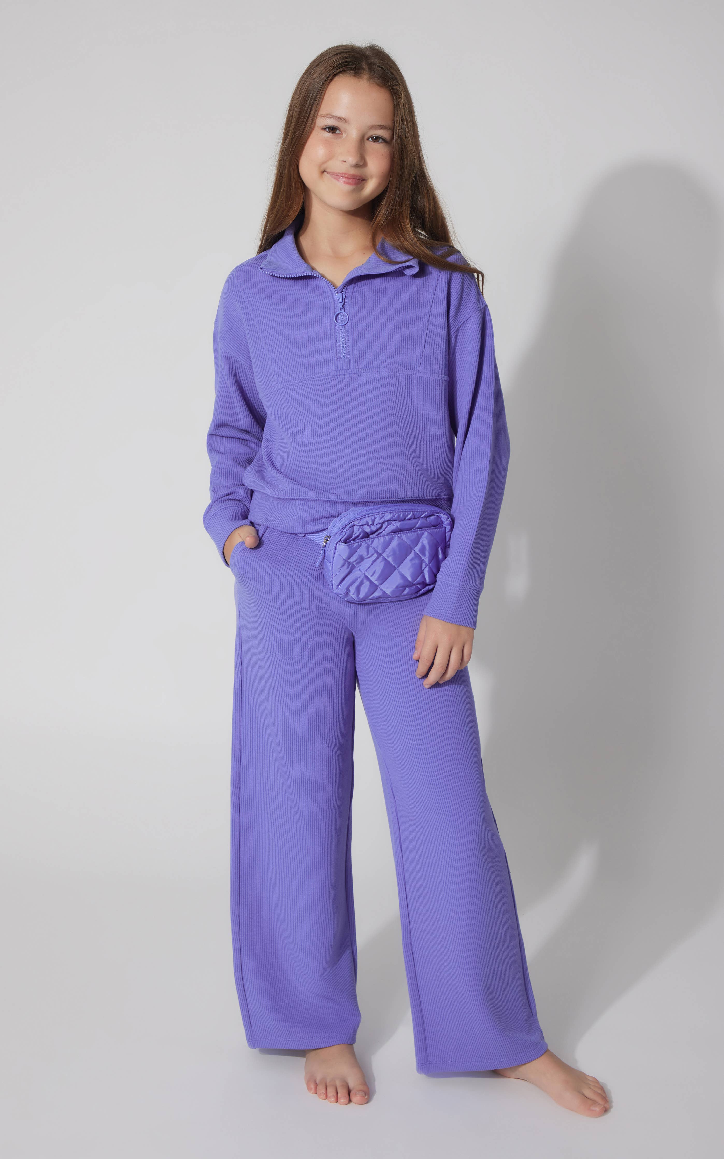 Tween Girls Soft Rib Half Zip Set | Perla Blue
