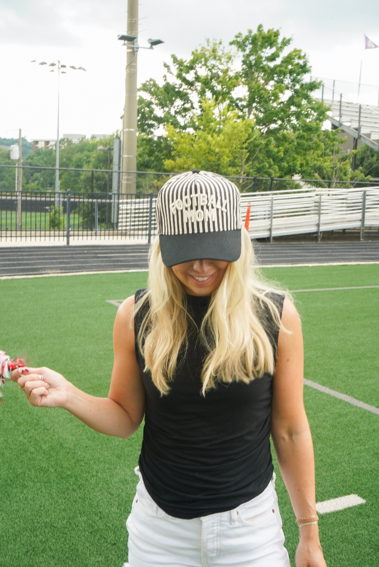 KENZKUSTOMZ Football Mom Hat | Black/White Stripe