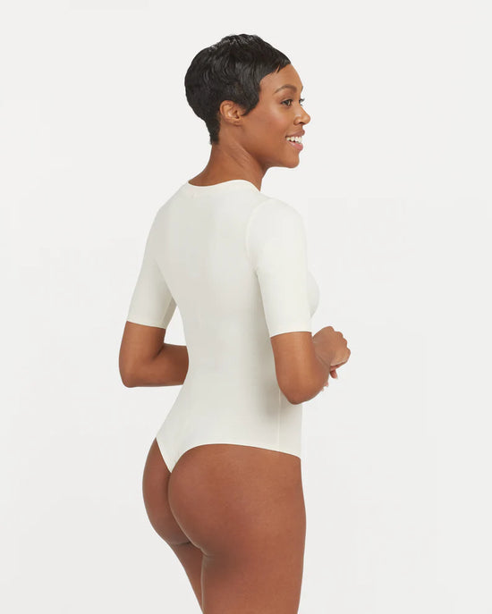 Spanx Suit Yourself Ribbed Crew Neck Short Sleeve Bodysuit | Parchment