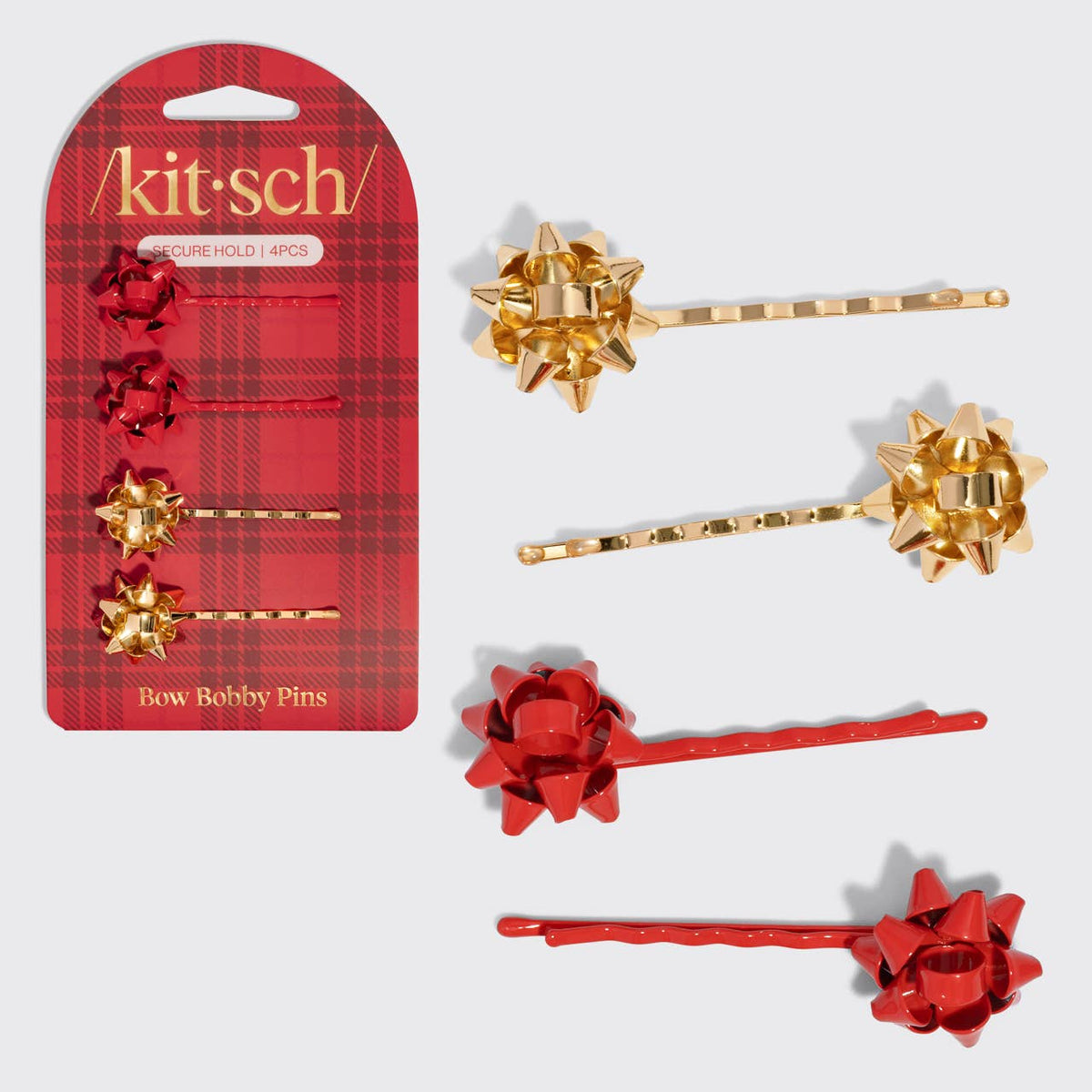 Metal Gift Bow Bobby Pins 4pc Set | Red & Gold