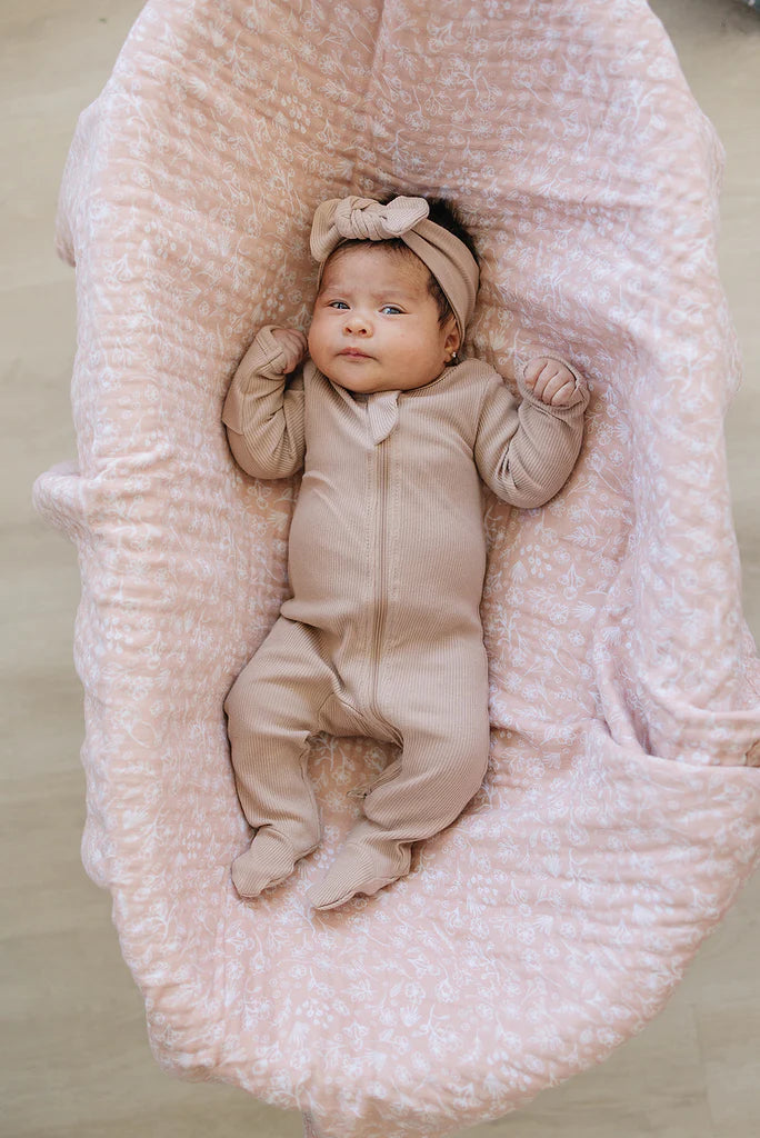 Pale Pink Organic Cotton Ribbed Zipper Footie