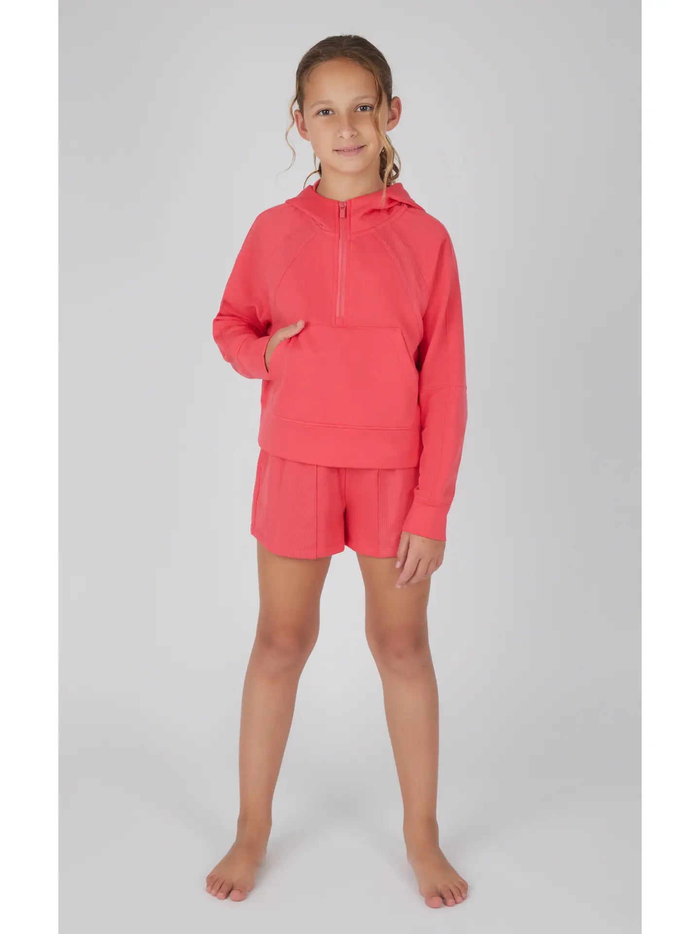 Girls Half Zip Hoodie & Short Set | Calypso Coral