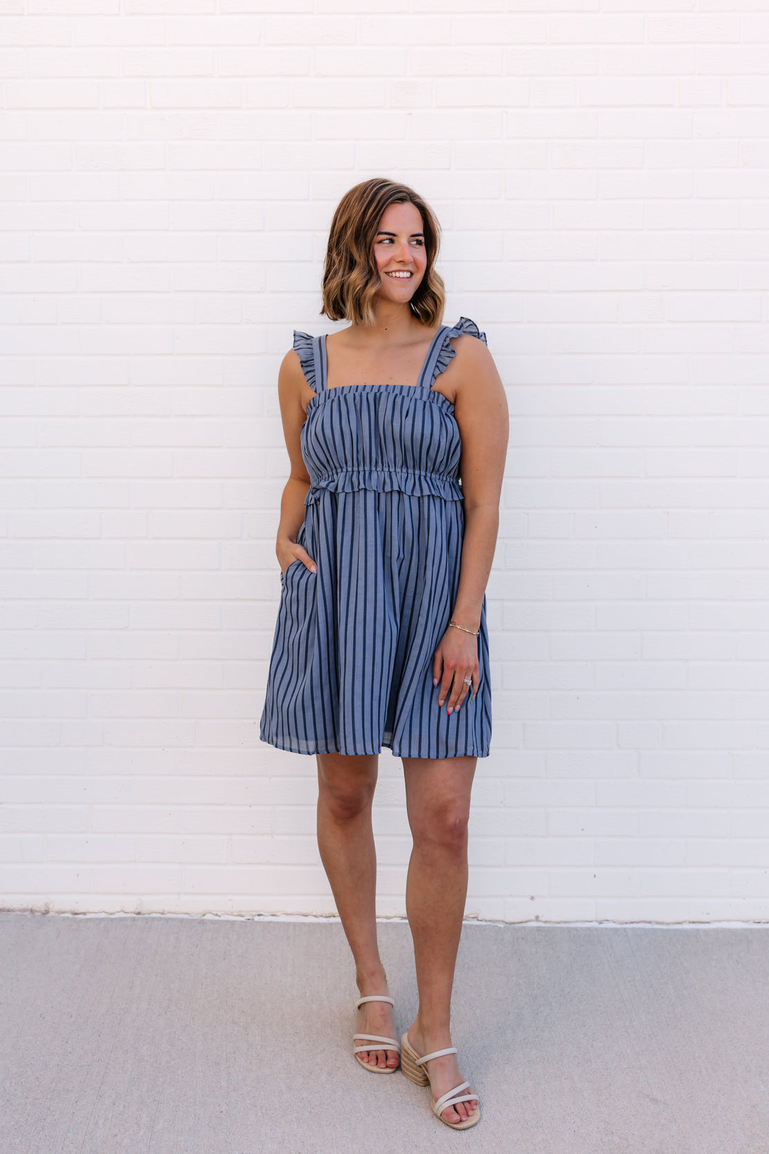 Becca Striped Ruffled Mini Dress | Navy