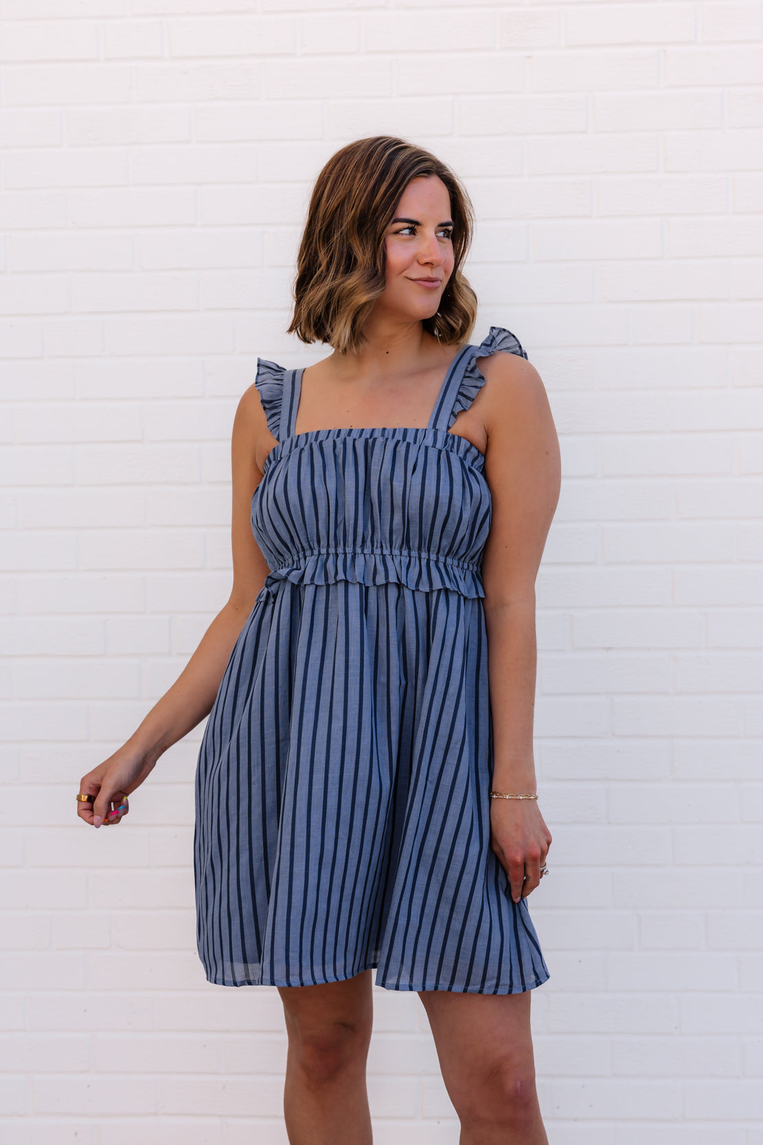 Becca Striped Ruffled Mini Dress | Navy
