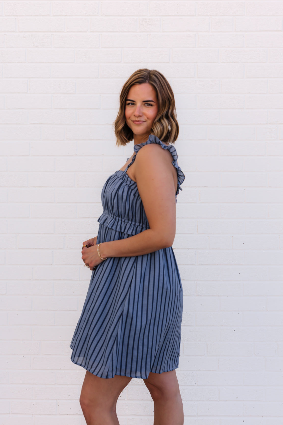 Becca Striped Ruffled Mini Dress | Navy