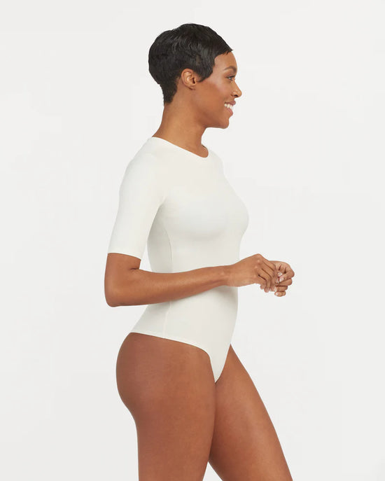 Load image into Gallery viewer, Spanx Suit Yourself Ribbed Crew Neck Short Sleeve Bodysuit | Parchment
