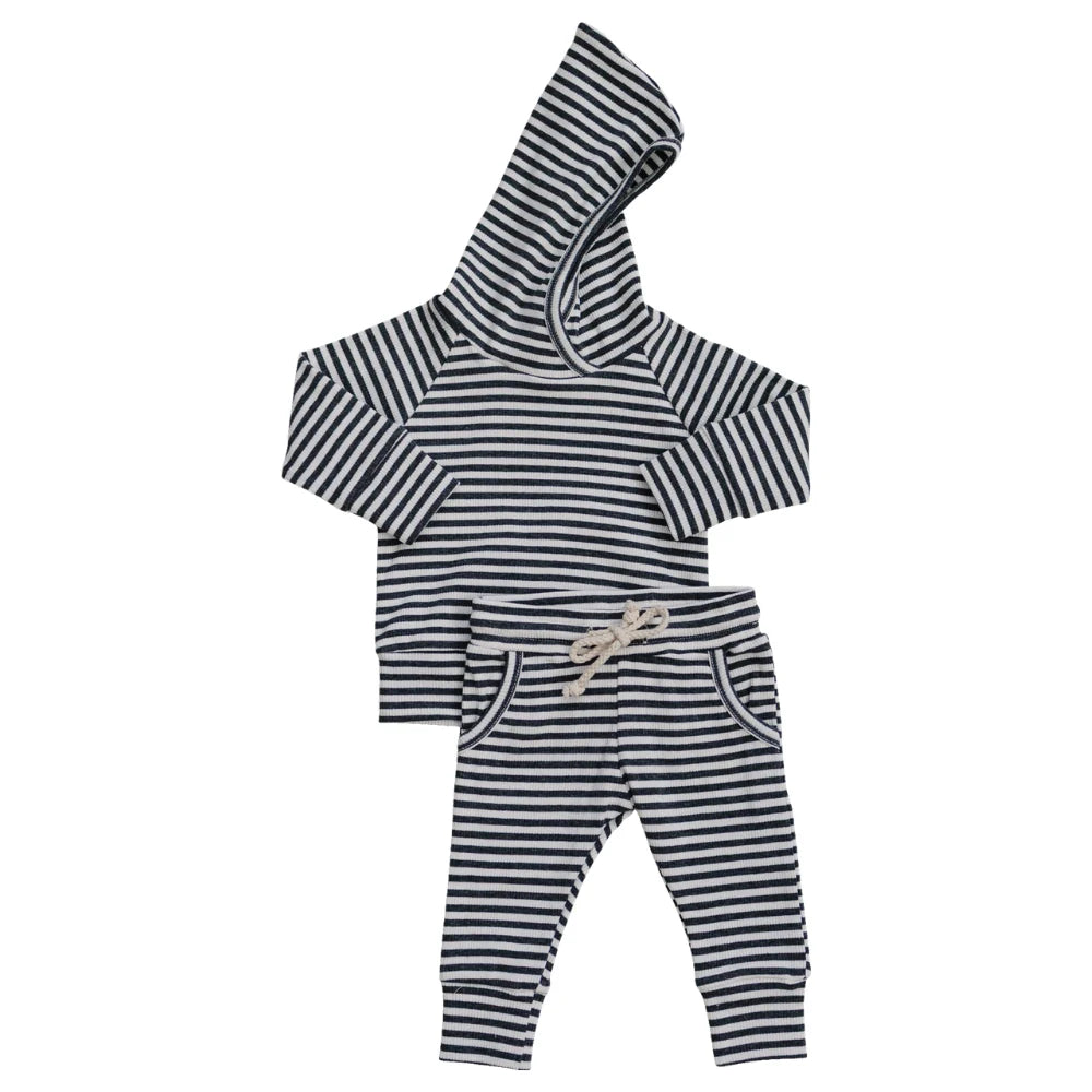 Ribbed Hooded Set | Charcoal Stripe