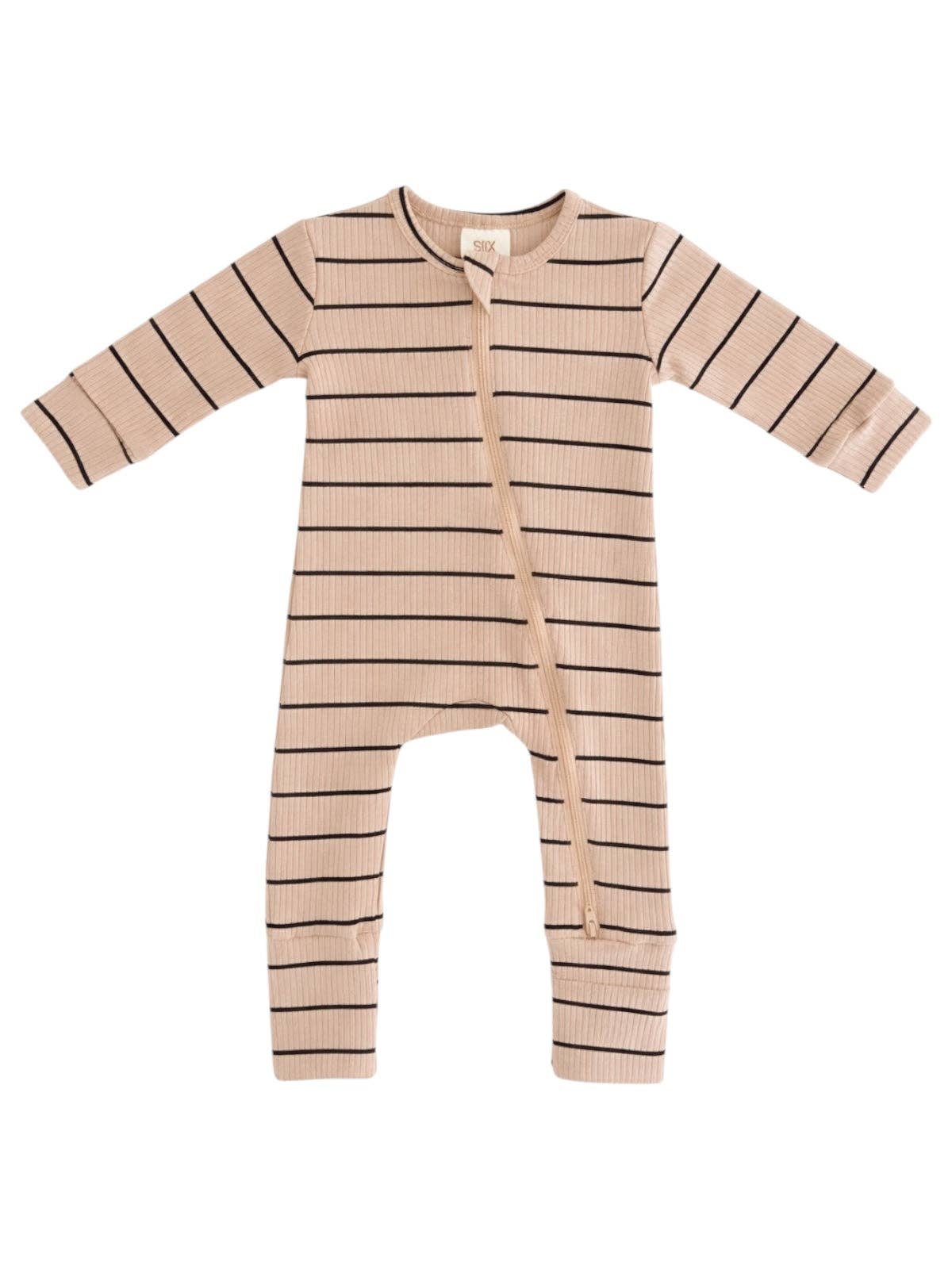 Ribbed 2-Way Zip Romper | Tan/Black Stripe