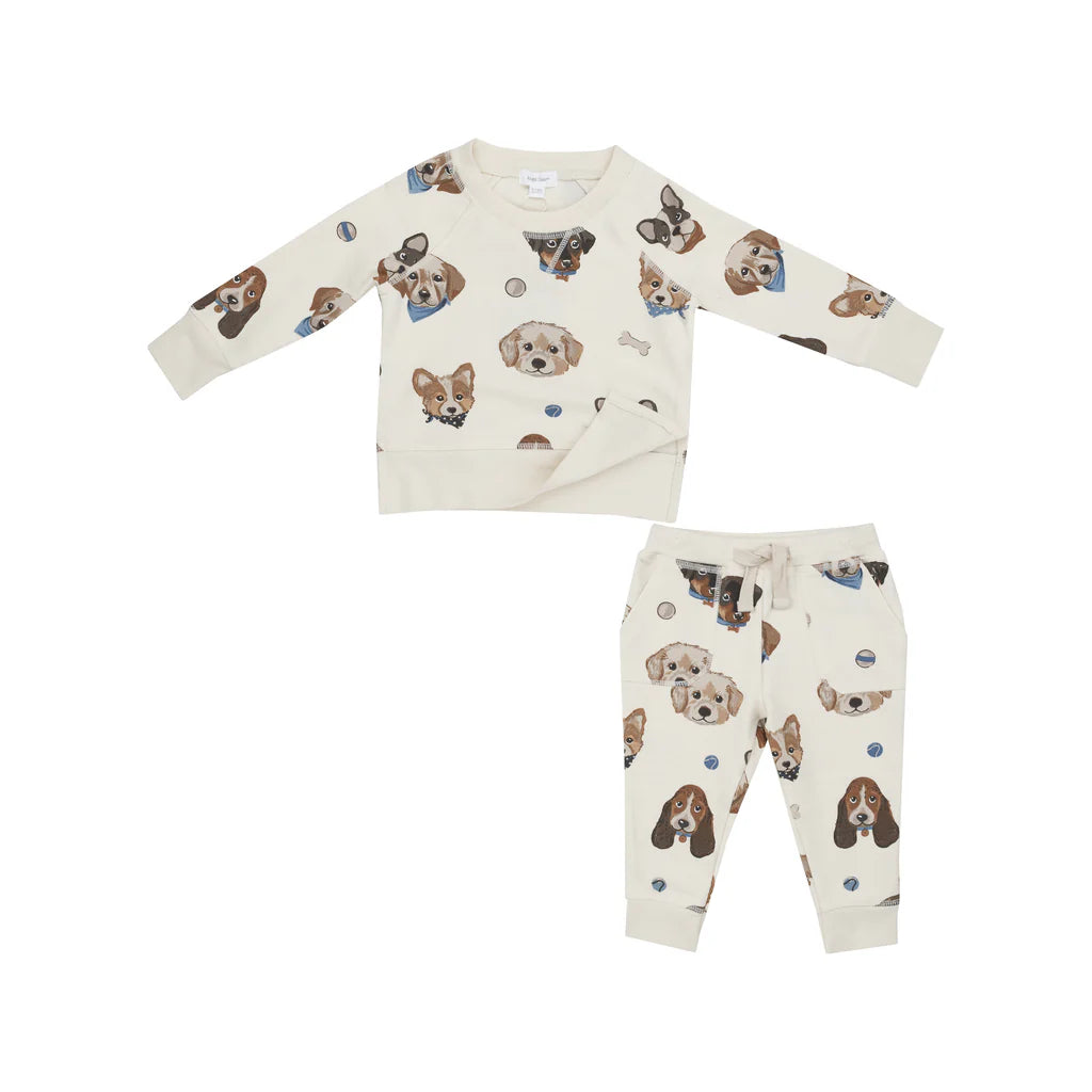 Angel Dear Raglan Sweatshirt & Jogger Set | French Terry Vintage Puppy Faces