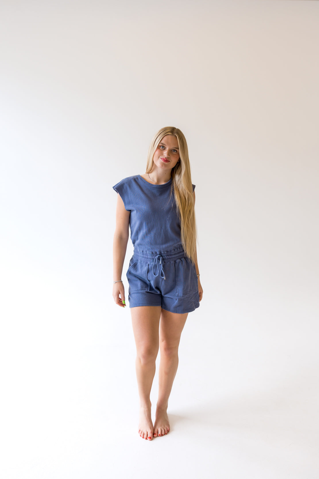 Caroline Knit Romper | Dusty Indigo