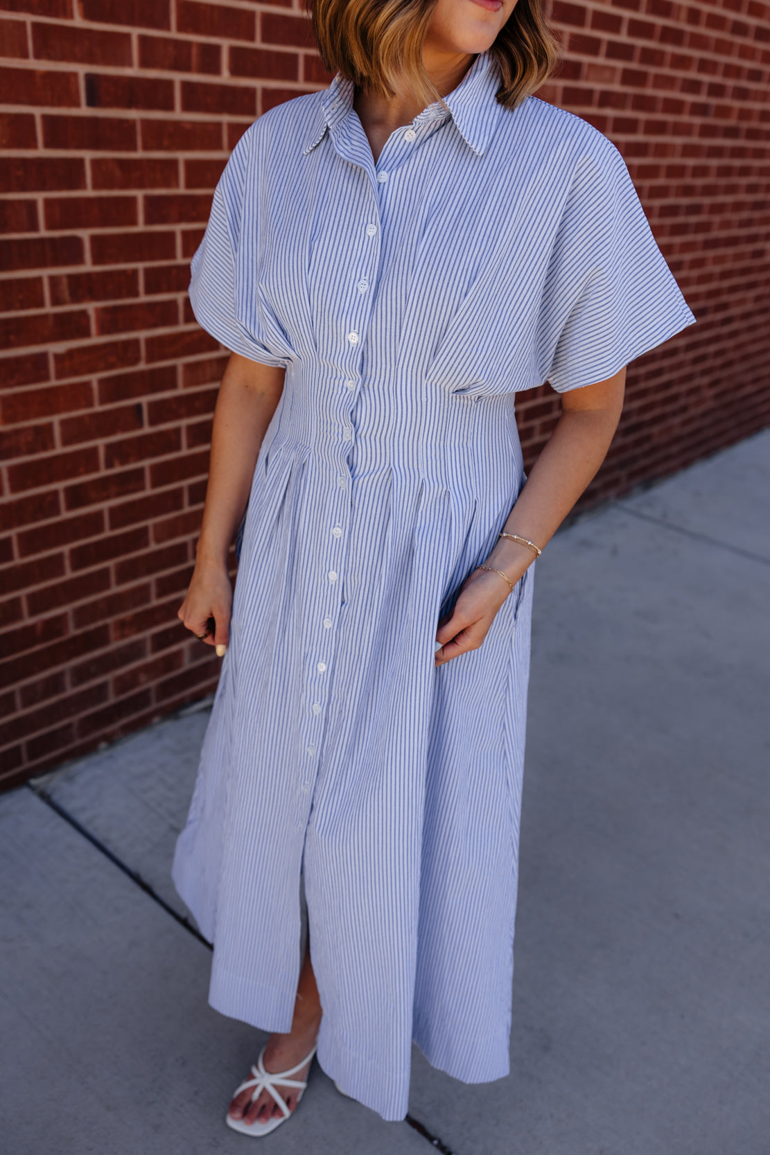 Bonnie Striped Button Down Midi Dress | Cream Blue