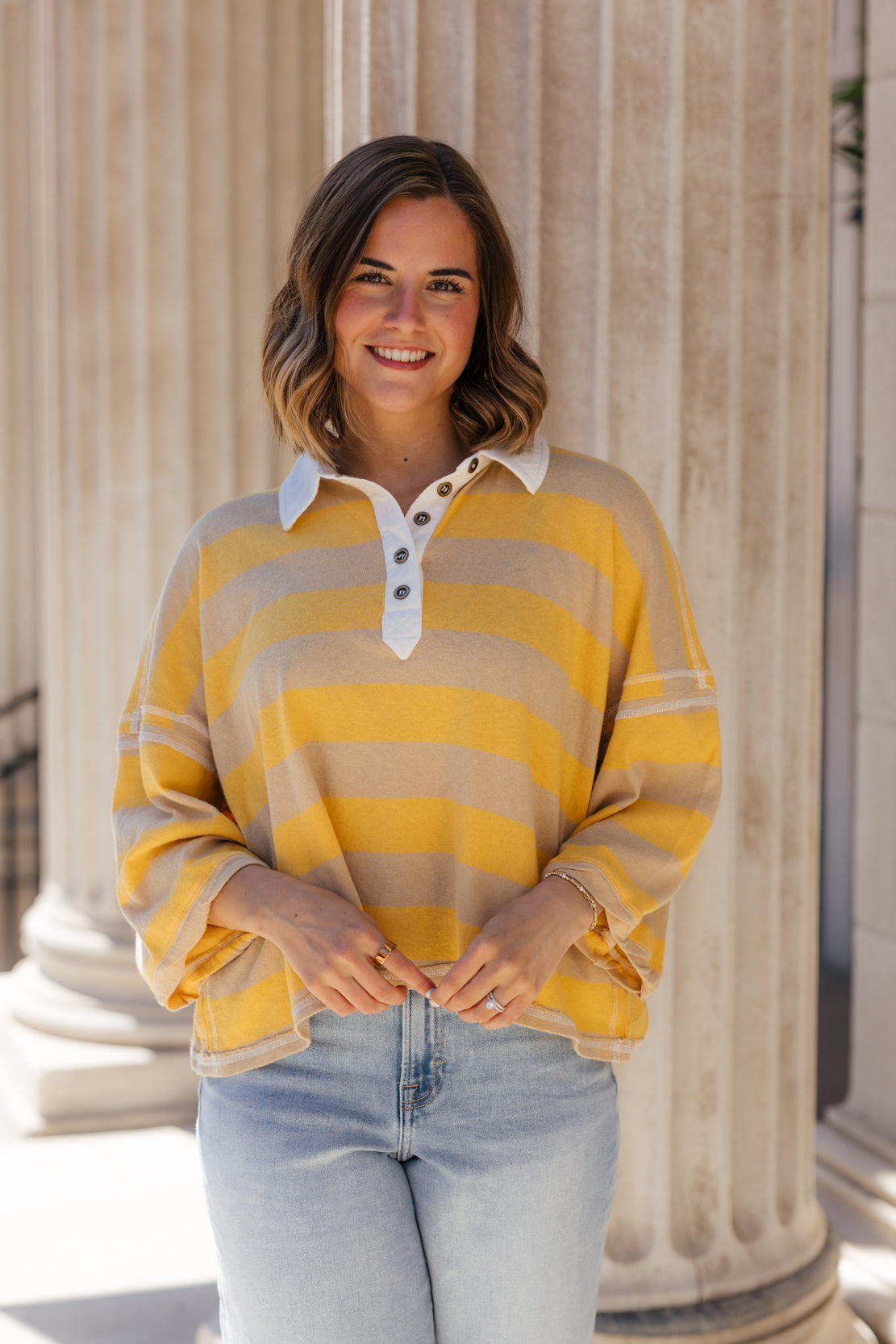 We The Free Auggie Oversized Polo Tee | Oat Latte/Yellow Fin