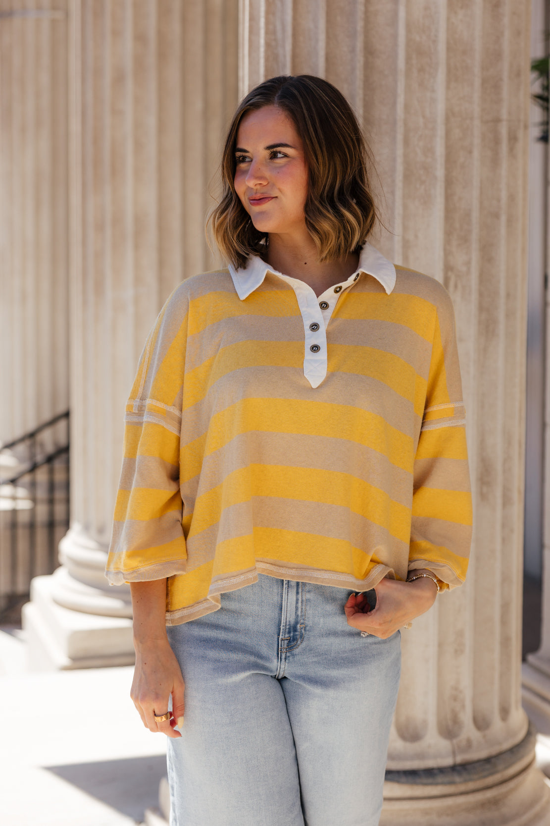 We The Free Auggie Oversized Polo Tee | Oat Latte/Yellow Fin