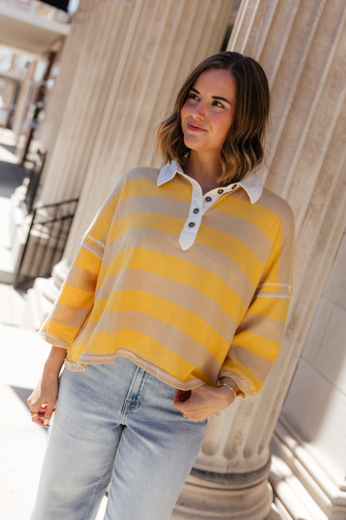 We The Free Auggie Oversized Polo Tee | Oat Latte/Yellow Fin