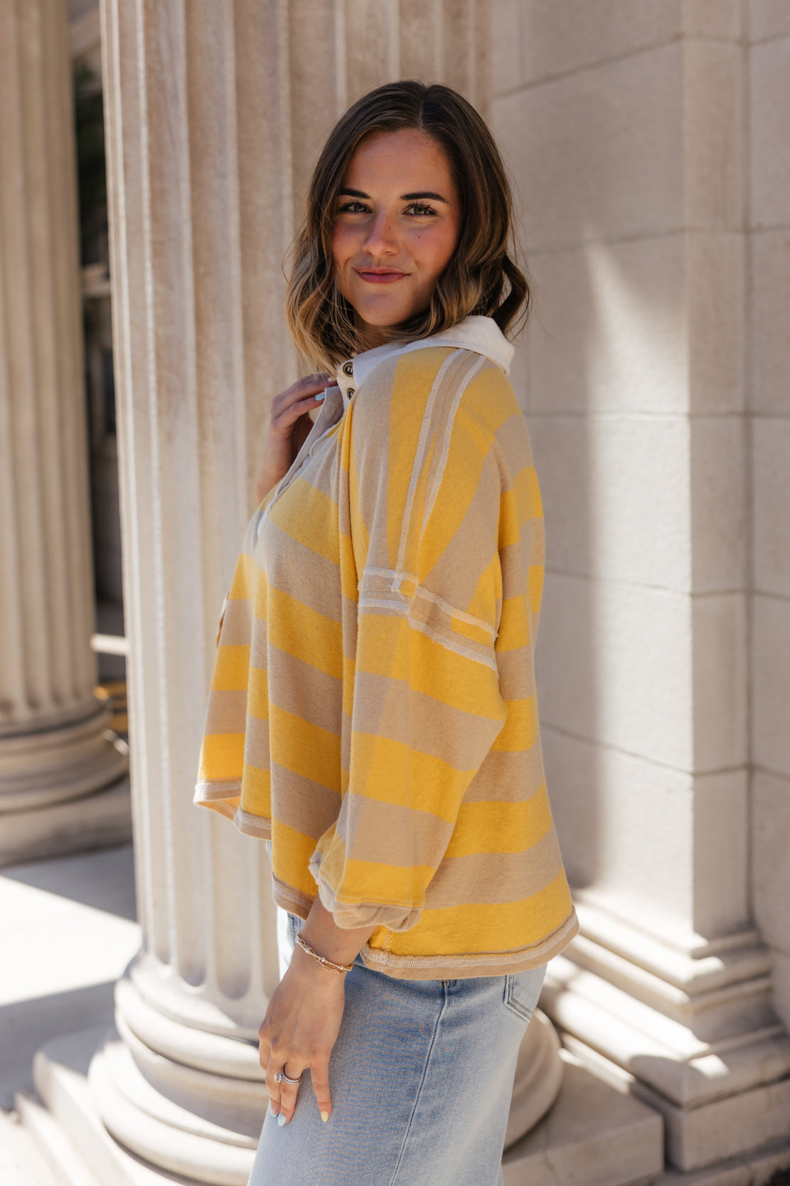We The Free Auggie Oversized Polo Tee | Oat Latte/Yellow Fin