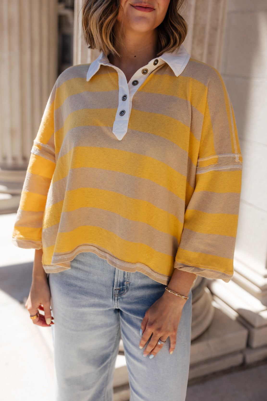 We The Free Auggie Oversized Polo Tee | Oat Latte/Yellow Fin