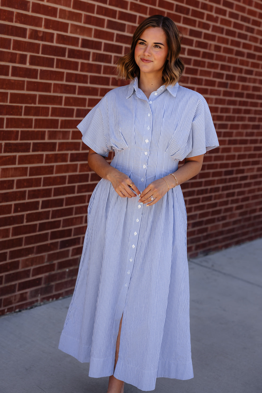 Blue and White Striped Shirt Midi Dress