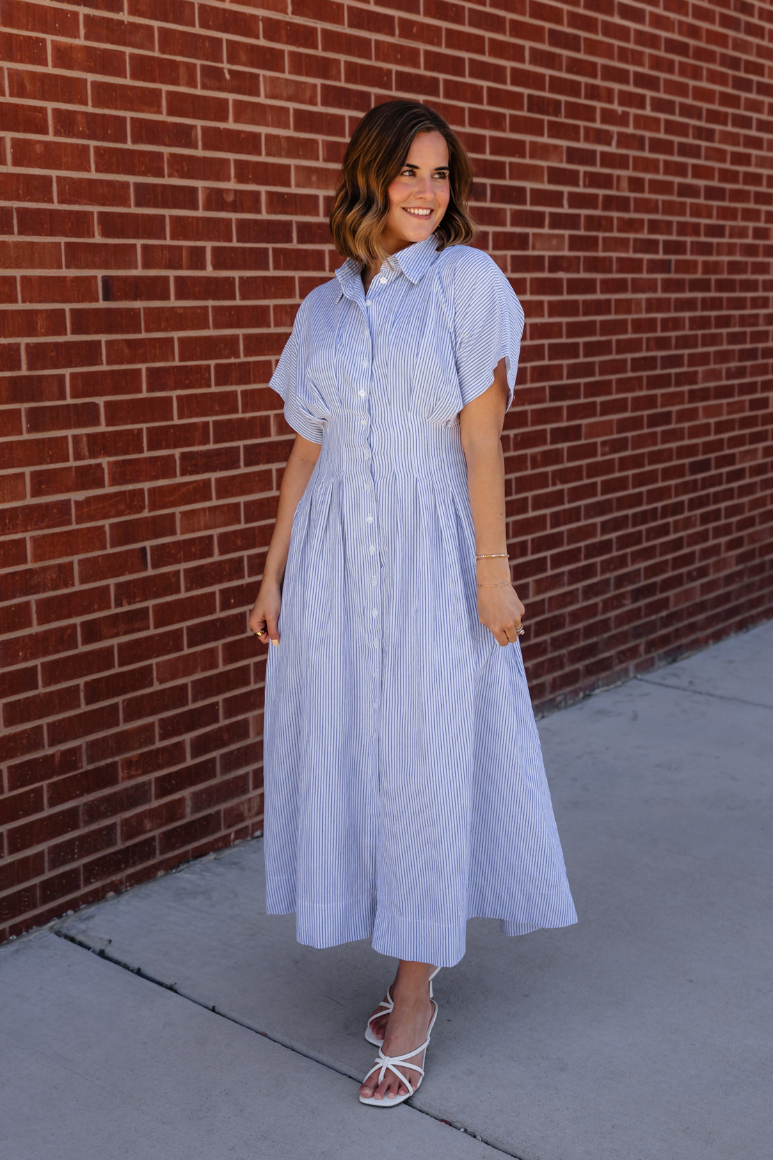 Bonnie Striped Button Down Midi Dress | Cream Blue