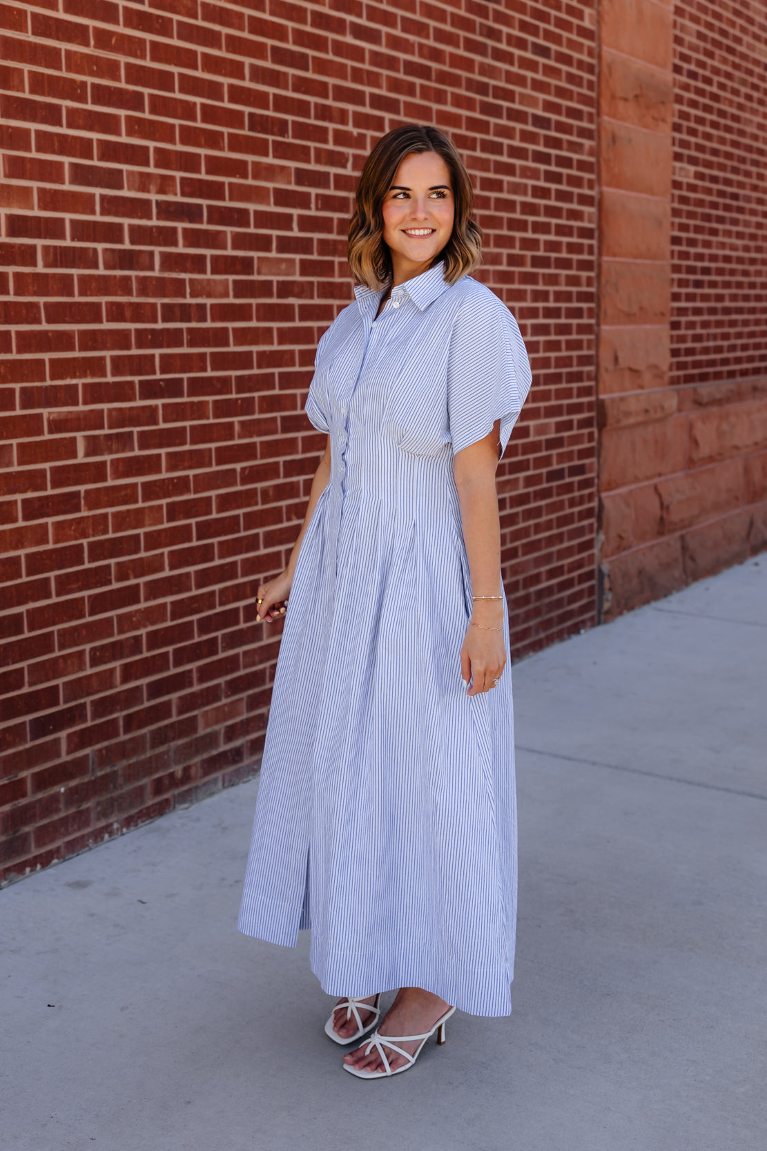 Bonnie Striped Button Down Midi Dress | Cream Blue