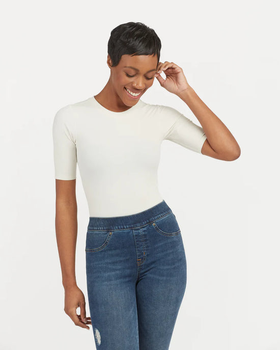 Load image into Gallery viewer, Spanx Suit Yourself Ribbed Crew Neck Short Sleeve Bodysuit | Parchment
