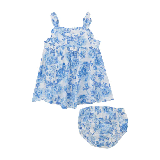 Paperbag Ruffle Sundress & Diaper Cover | Roses In Blue