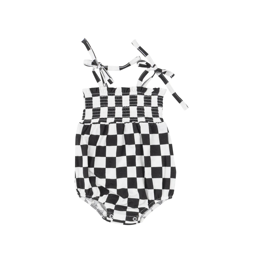 Tie Strap Smocked Bubble | Black Checkered
