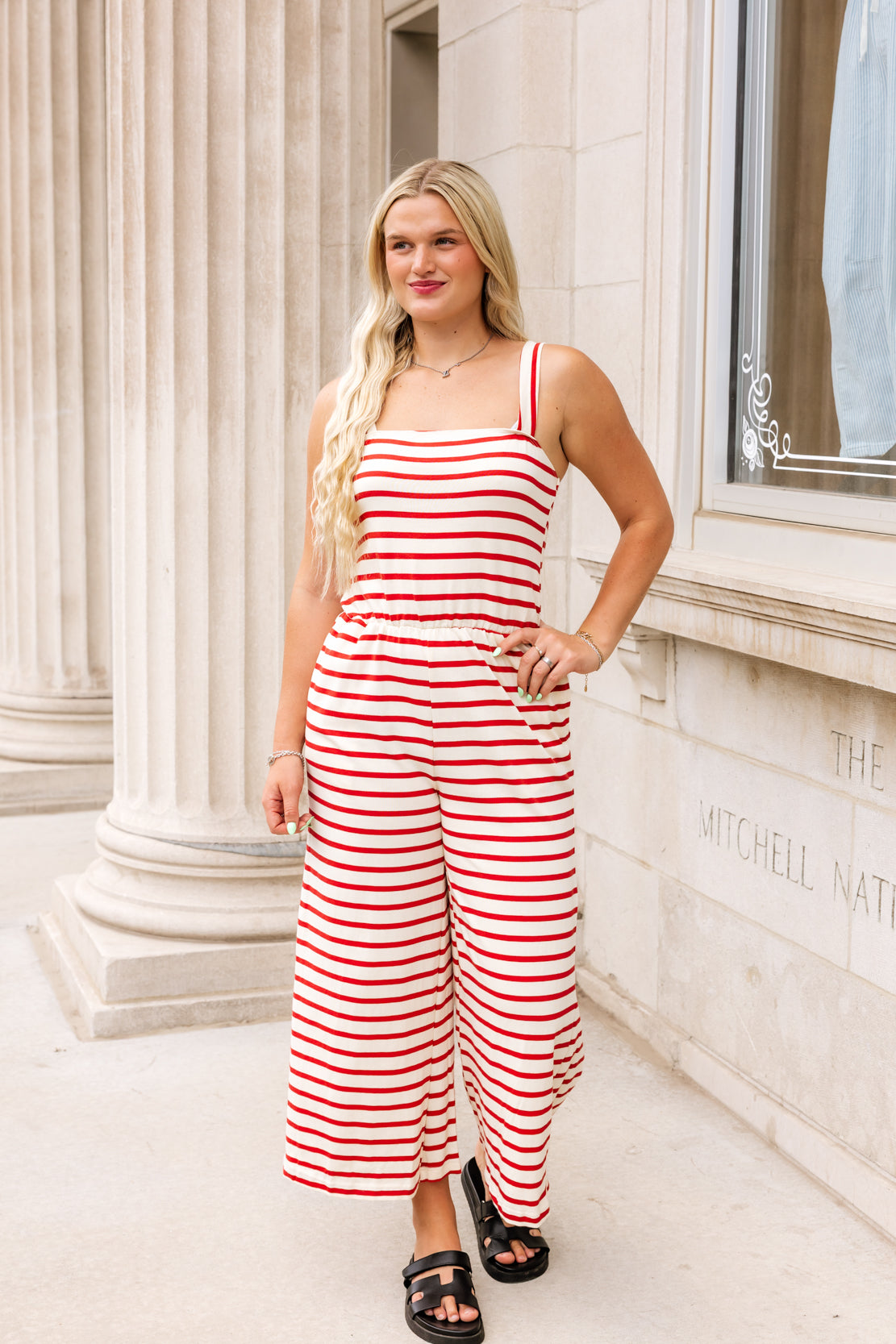 Palazzo Striped Wide Leg Jumpsuit | Cream Red