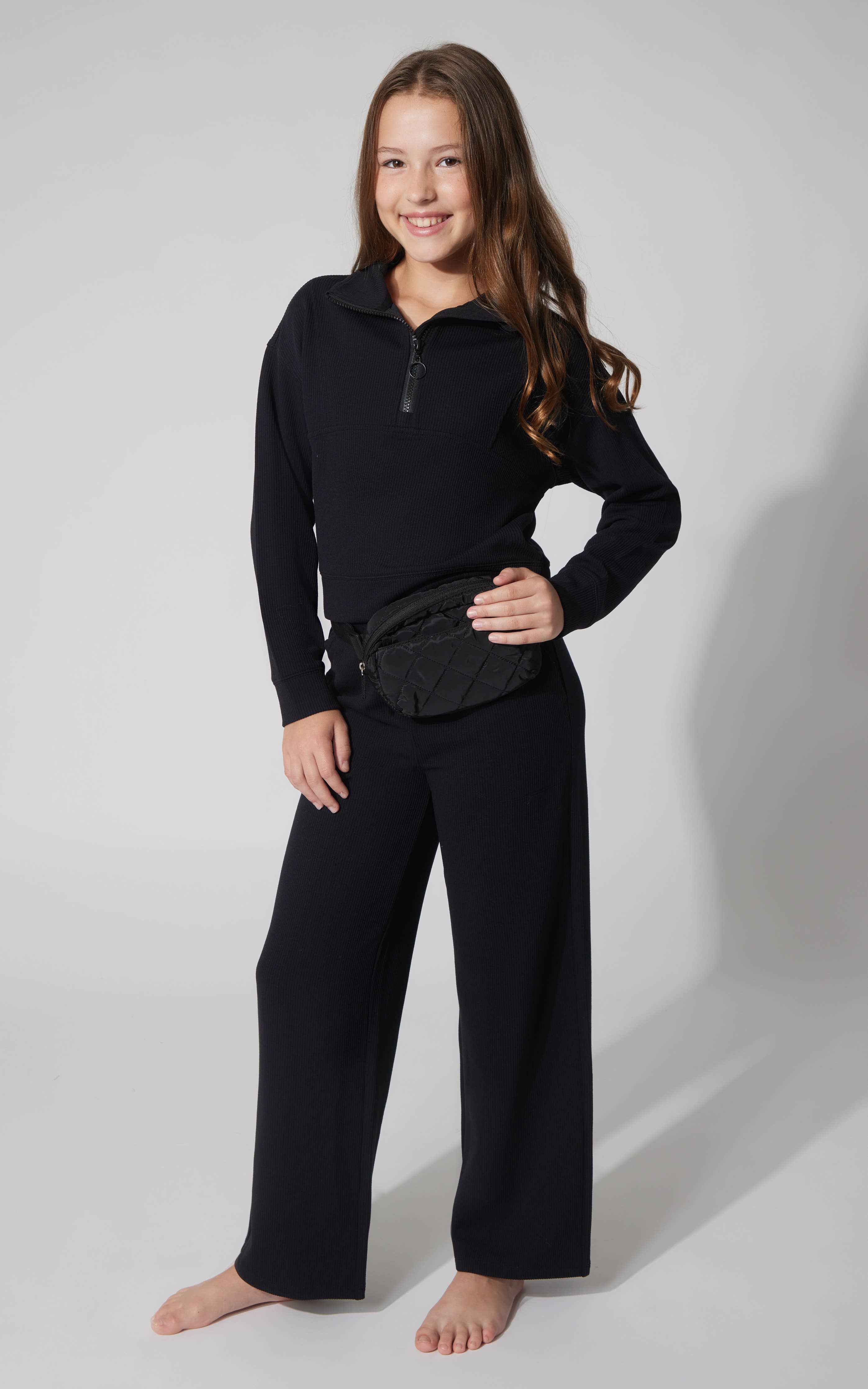 Tween Girls Soft Rib Half Zip Set | Black
