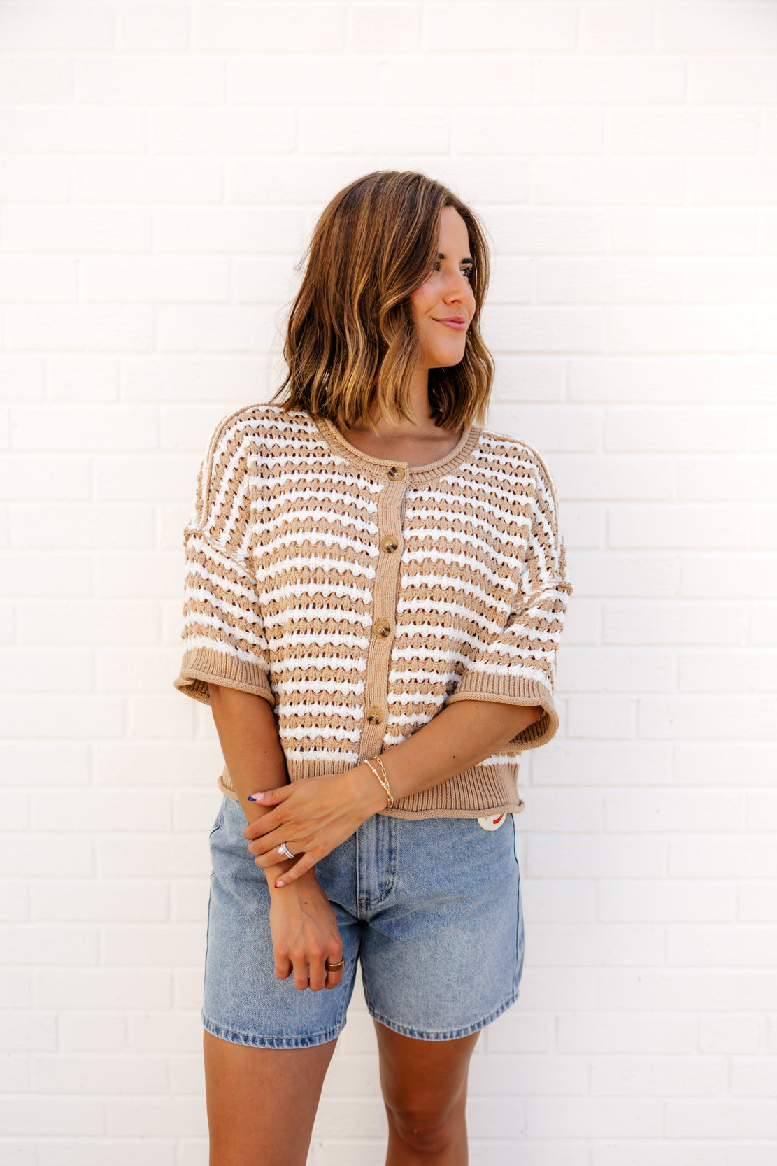 Hattie Stripe Crochet Cardigan | Khaki