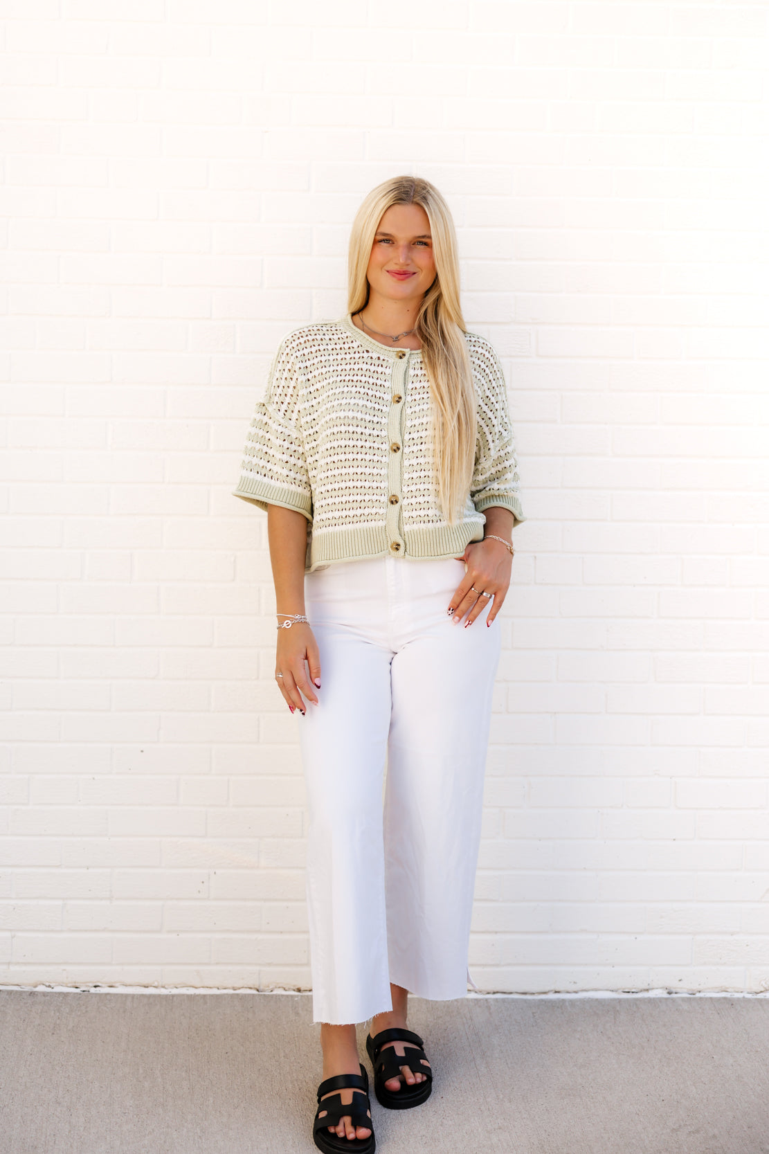 Hattie Stripe Crochet Cardigan | Light Olive