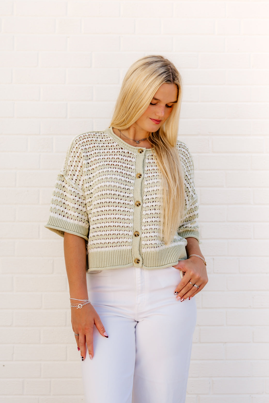 Hattie Stripe Crochet Cardigan | Light Olive
