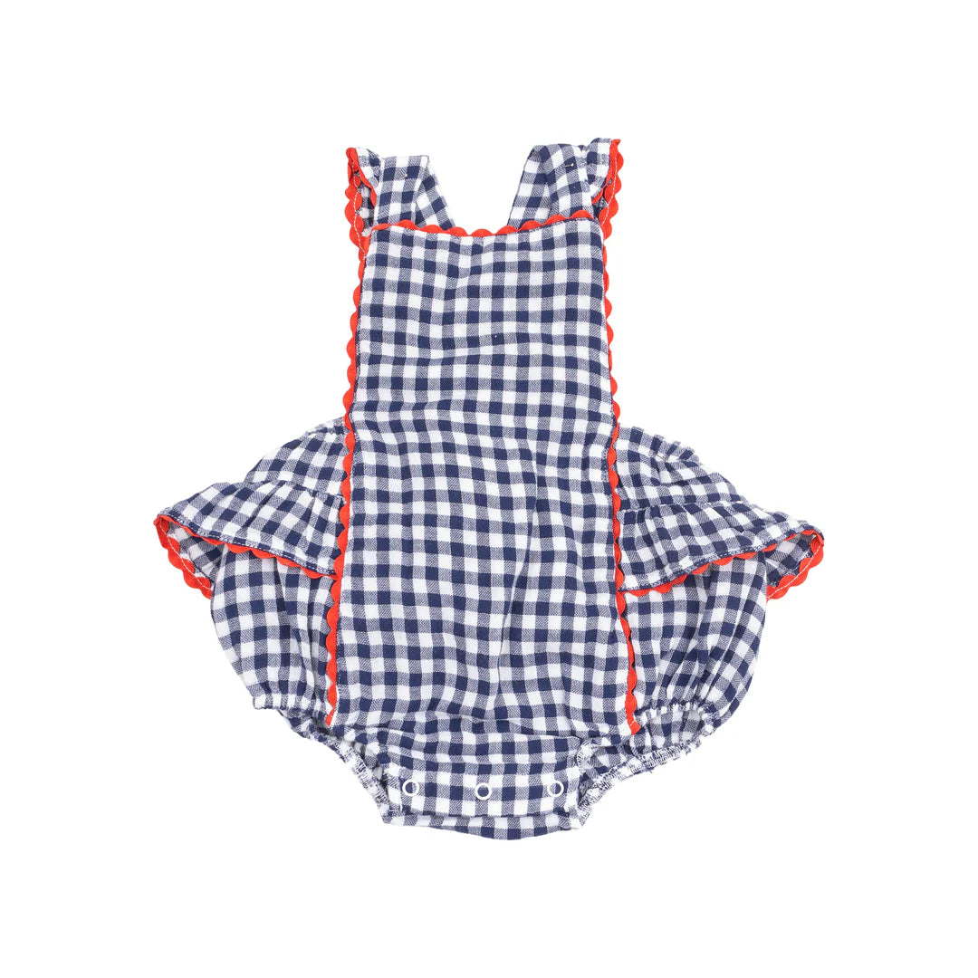 Angel Dear Ruffle Sun Suit | Navy Gingham