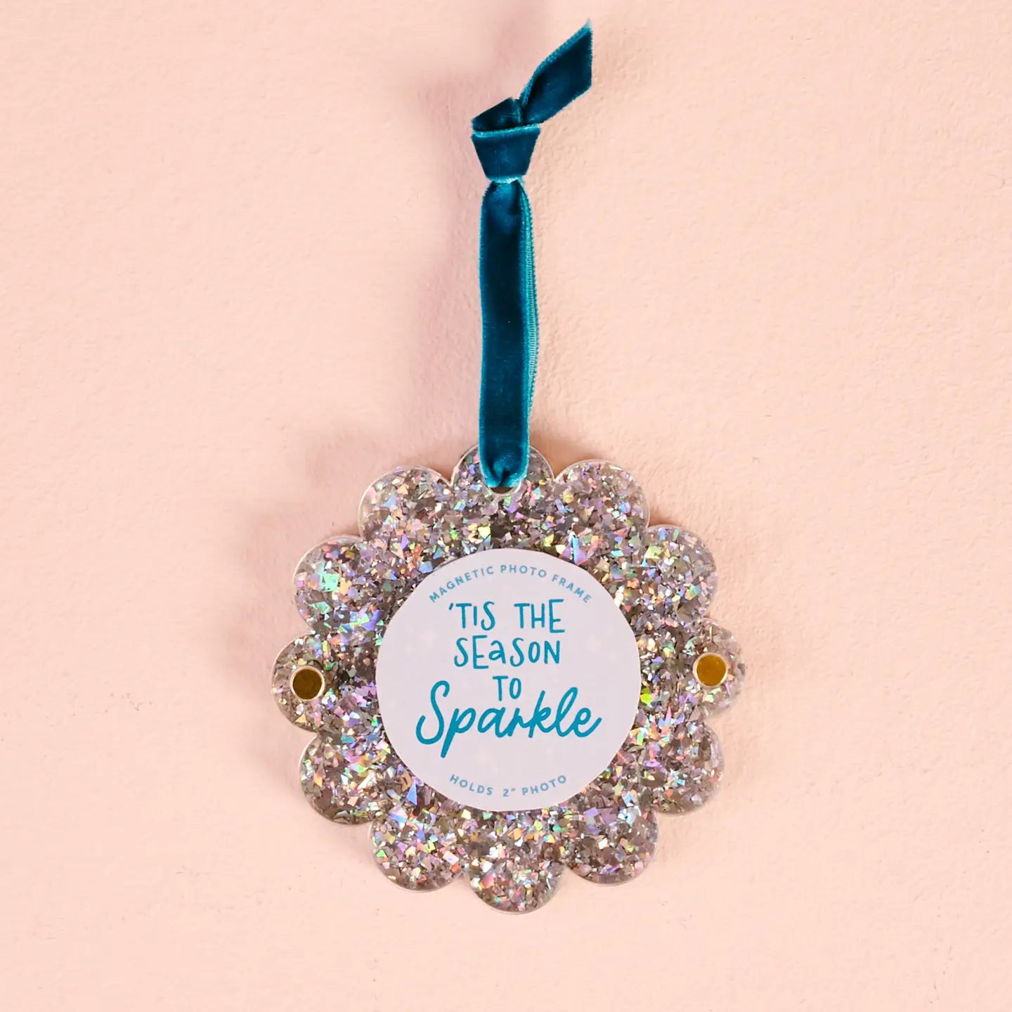 Scalloped Round Picture Frame Ornament | Silver Glitter