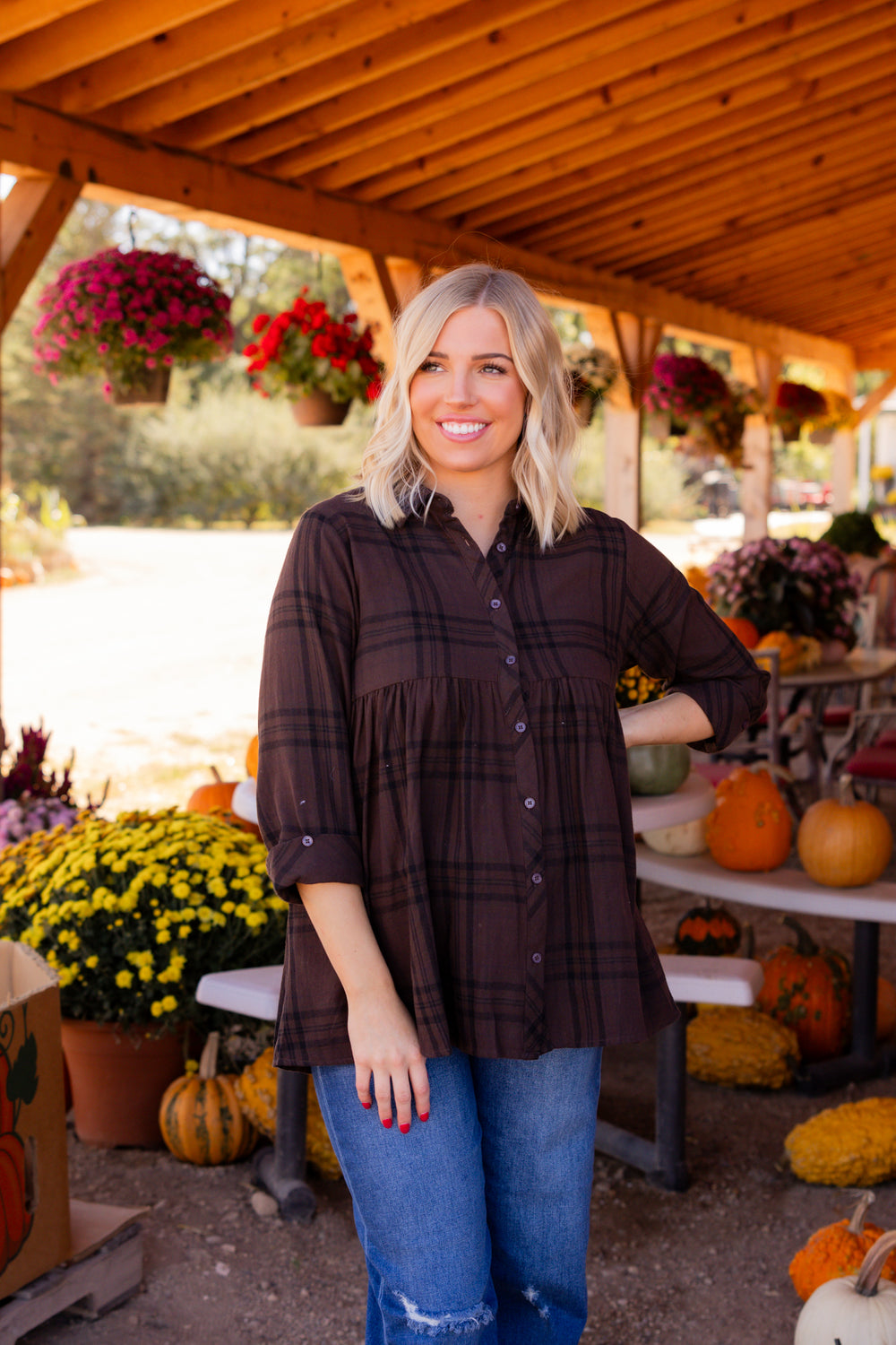 Babydoll Plaid Button Down Top