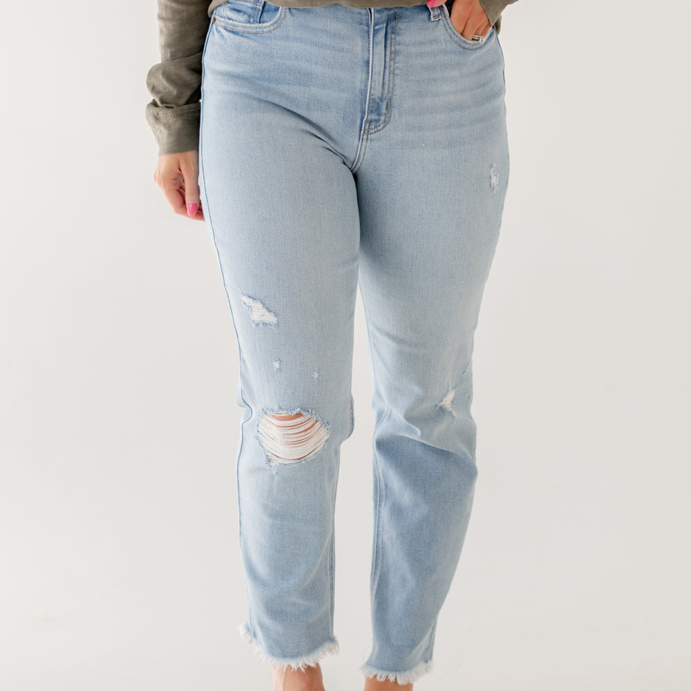 High Rise Distressed Mom Jean 