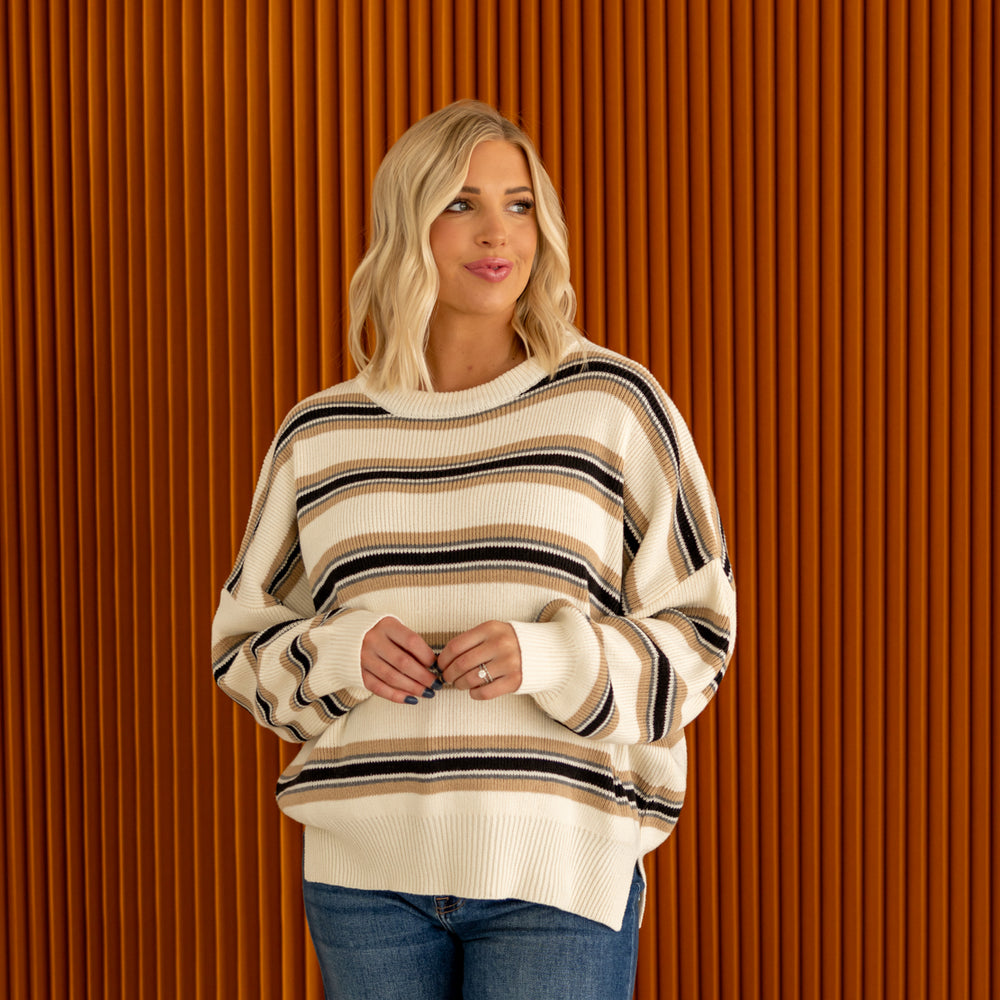 Cream Striped Knit Sweater with Slits